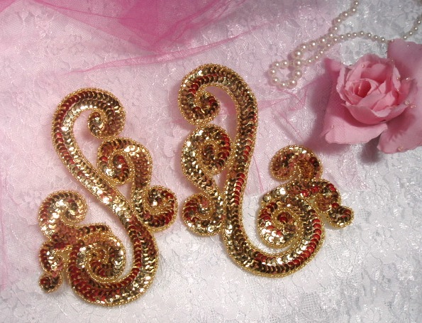 Gold Scroll Mirror Pair Sequin Beaded Appliques 0013