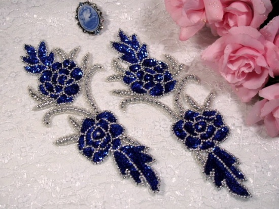 0009  Blue Floral Mirror Pair Sequin Beaded Appliques