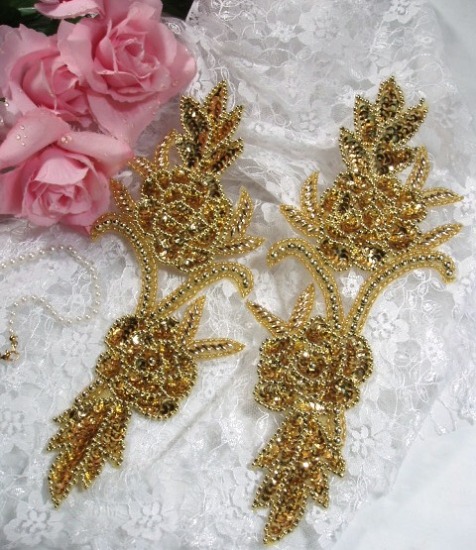 0009  Gold Floral Mirror Pair Sequin Beaded Appliques