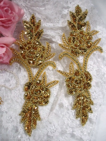 0009  Gold Floral Mirror Pair Sequin Beaded Appliques