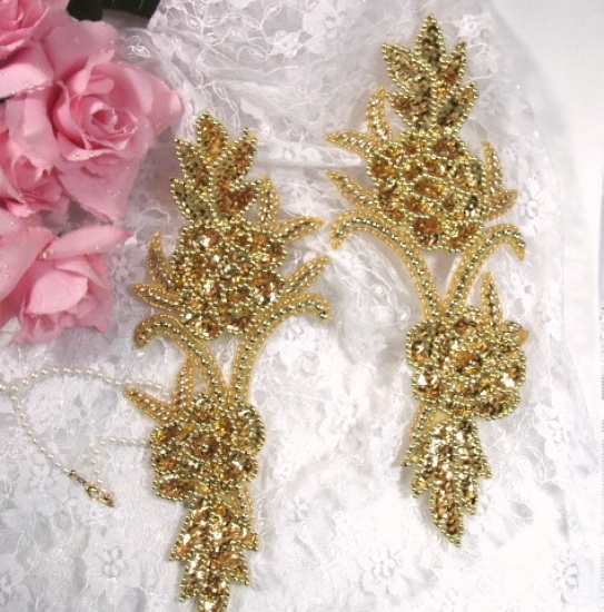 0009  Gold Floral Mirror Pair Sequin Beaded Appliques