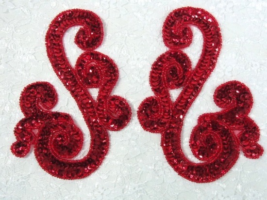 Red Scroll Mirror Pair Sequin Beaded Appliques 0013