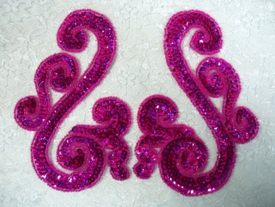 Fuchsia Scroll Mirror Pair Sequin Beaded Appliques 0013