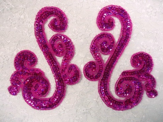 Fuchsia Scroll Mirror Pair Sequin Beaded Appliques 0013