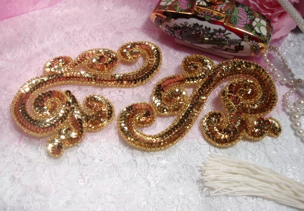 Gold Scroll Mirror Pair Sequin Beaded Appliques 0013