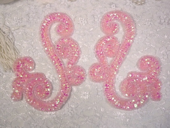 Pink AB Scroll Mirror Pair Sequin Beaded Appliques 0013