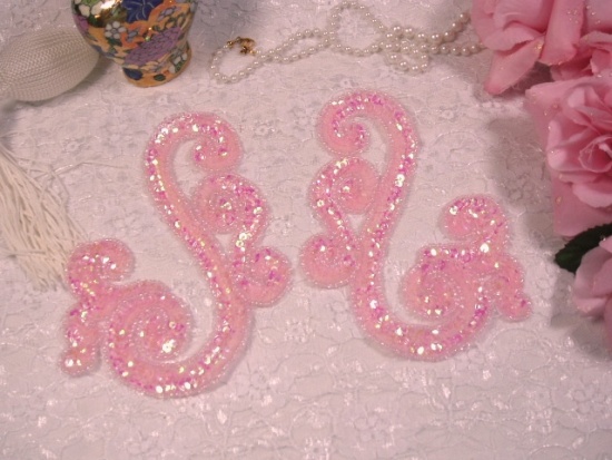 Pink AB Scroll Mirror Pair Sequin Beaded Appliques 0013