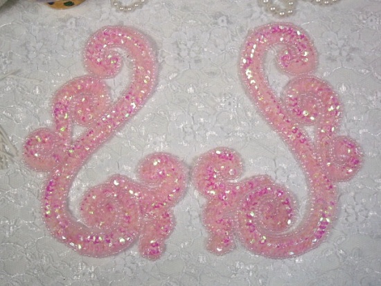Pink AB Scroll Mirror Pair Sequin Beaded Appliques 0013