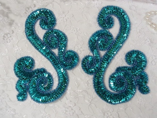 Turquoise Scroll Mirror Pair Sequin Beaded Appliques 0013