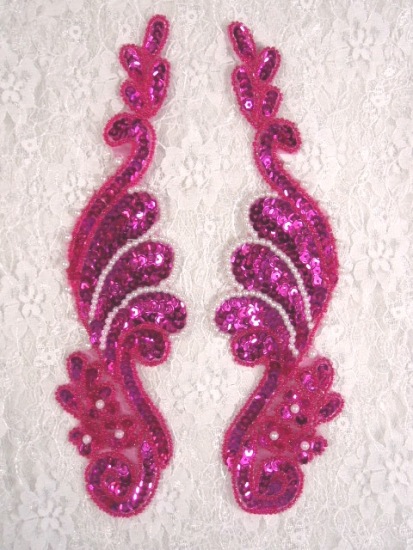 0016 Fuchsia Pearl Mirror Pair Sequin Beaded Appliques 8.5"