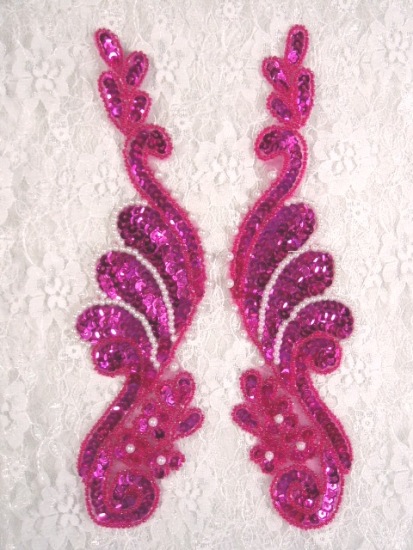 0016 Fuchsia Pearl Mirror Pair Sequin Beaded Appliques 8.5"