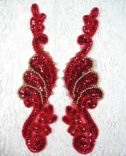 0016  Red Gold Mirror Pair  Sequin Beaded Appliques 8"