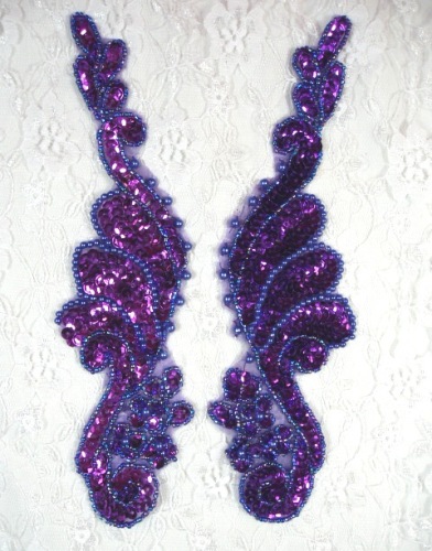 0016  Purple Mirror Pair  Sequin Beaded Appliques 8"