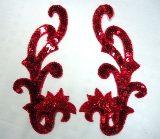 0020 Red Mirror Pair Sequin Beaded Appliques 8"