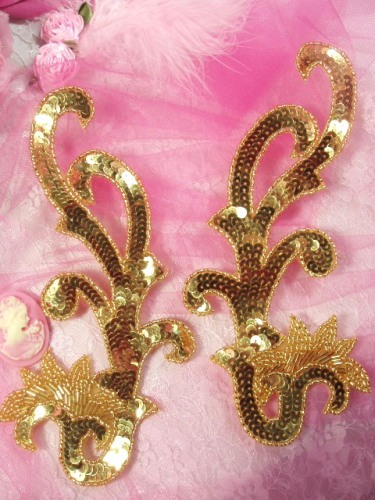 0020  Gold Mirror Pair Sequin Beaded Appliques 8"