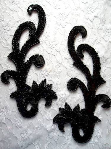 0020 Black Mirror Pair Sequin Beaded Appliques 8"