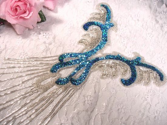 0021 Turquoise  Silver Yoke Sequin Beaded Applique 12"