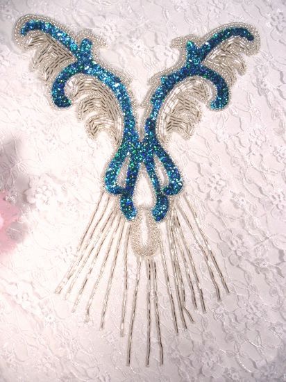 0021 Turquoise  Silver Yoke Sequin Beaded Applique 12"
