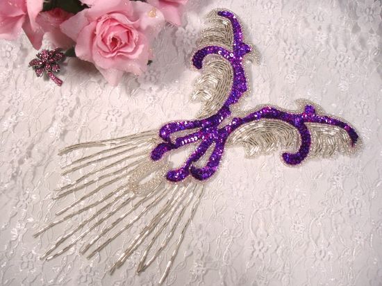 0021 Purple Silver Yoke Sequin Beaded Applique 12"
