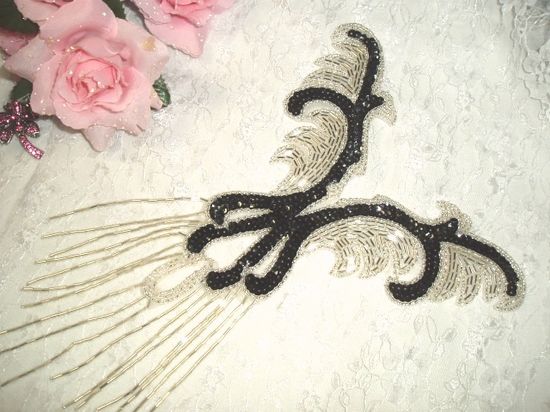0021 Black Silver Yoke Sequin Beaded Applique 12"