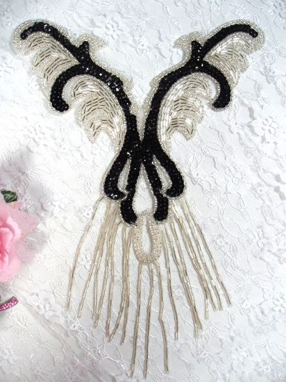 0021 Black Silver Yoke Sequin Beaded Applique 12"