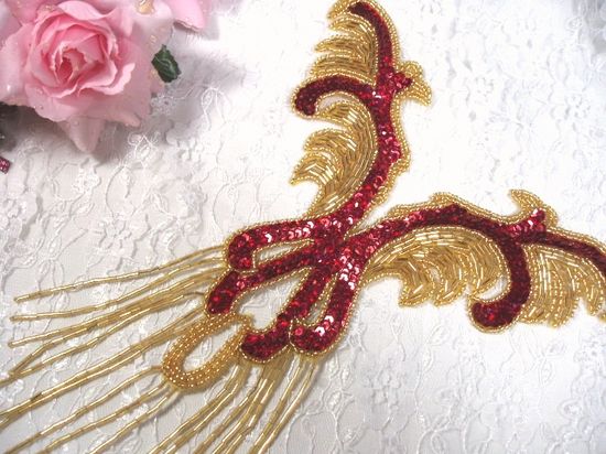 0021 Red Gold Yoke Sequin Beaded Applique 12"