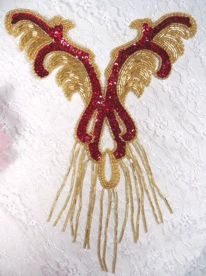 0021 Red Gold Yoke Sequin Beaded Applique 12"