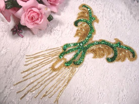 0021 Green & Gold Mardi Gras Yoke Bodice Beaded Sequin Applique 12"