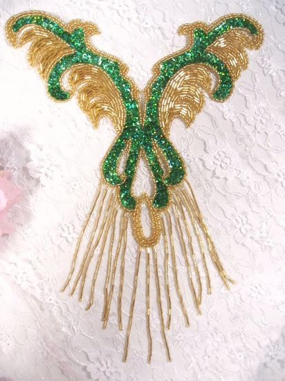 0021 Green & Gold Mardi Gras Yoke Bodice Beaded Sequin Applique 12"
