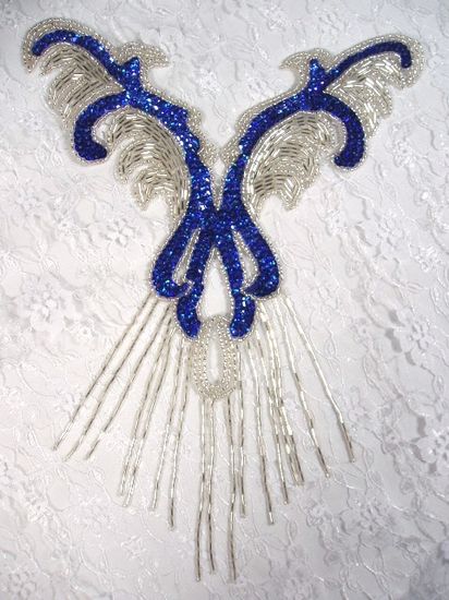 0021 Royal Blue Silver Yoke Sequin Beaded Applique 12"