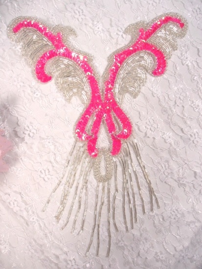 0021 Hot Neon Pink AB Silver Yoke Sequin Beaded Applique 12"
