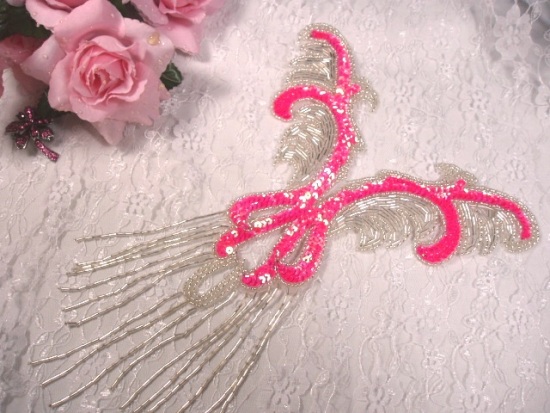 0021 Hot Neon Pink AB Silver Yoke Sequin Beaded Applique 12"