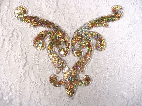 0021B Gold Collar Yoke Beaded Sequin Applique 7.5"