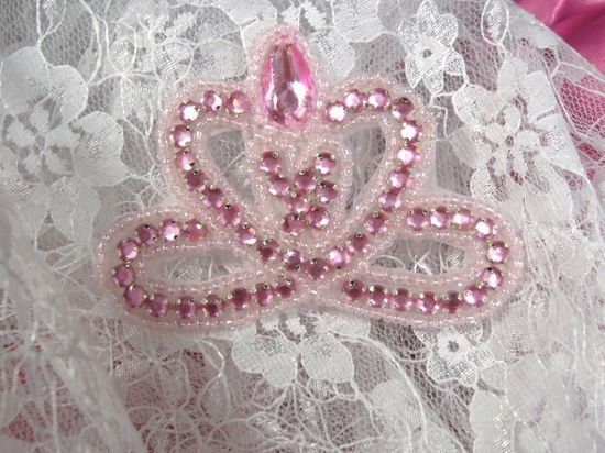 0025  Pink Crown Jewel Rhinestone Beaded  Applique 3"