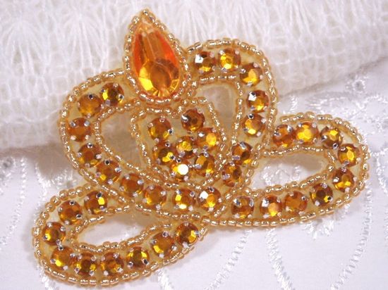 0025  Gold Crown Jewel Rhinestone Beaded  Applique 3"