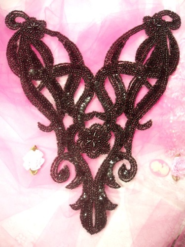 0029 Black Bodice Sequin Beaded Applique 12"