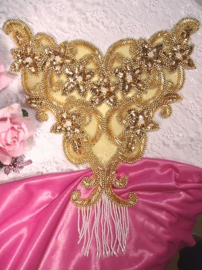0492  Gold Pearl Bodice Beaded Sequin Applique 13"