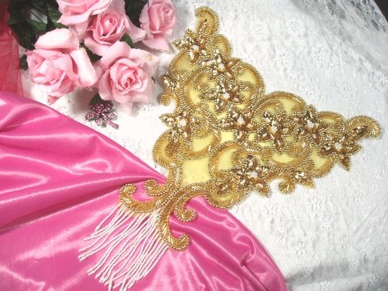 0492  Gold Pearl Bodice Beaded Sequin Applique 13"