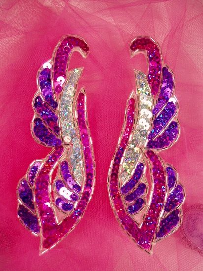 0033 Fuchsia Purple Silver Holographic Mirror Pair Sequin Beaded Appliques 6"