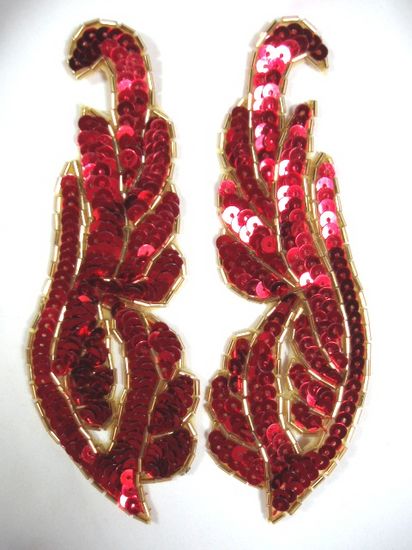 0033 Red Mirror Pair Sequin Beaded Appliques 6.25"