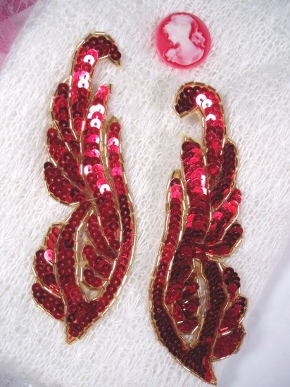 0033 Red Mirror Pair Sequin Beaded Appliques 6.25"