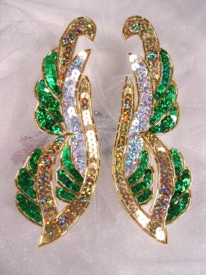 0033 Green Silver Gold Holographic Mirror Pair Sequin Beaded Appliques 6"
