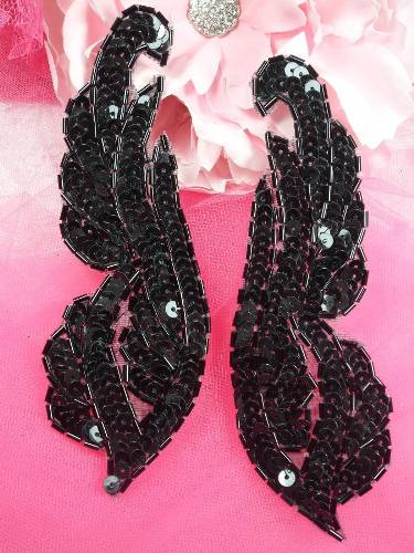 0033 Black Sequin Beaded Mirror Pair Appliques 6.25"