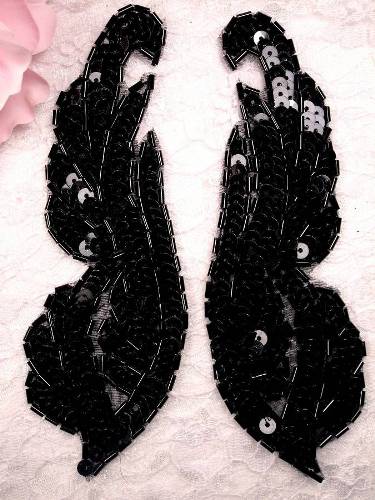 0033 Black Sequin Beaded Mirror Pair Appliques 6.25"