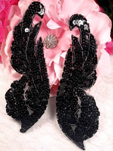 0033 Black Sequin Beaded Mirror Pair Appliques 6.25"