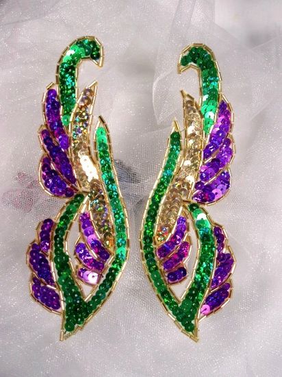 0033 Purple Green Gold Pair Sequin Beaded Appliques 6"