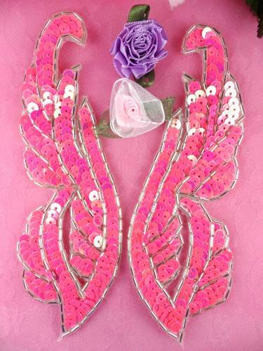 0033 Hot Pink Silver Mirror Pair Sequin Beaded Appliques 6.25"