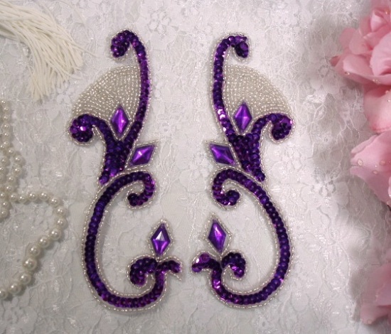 Purple Jeweled Mirror Pair  6" Sequin Beaded Appliques  0034