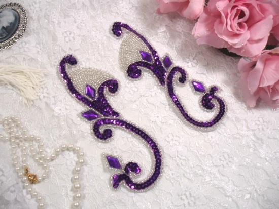 Purple Jeweled Mirror Pair  6" Sequin Beaded Appliques  0034
