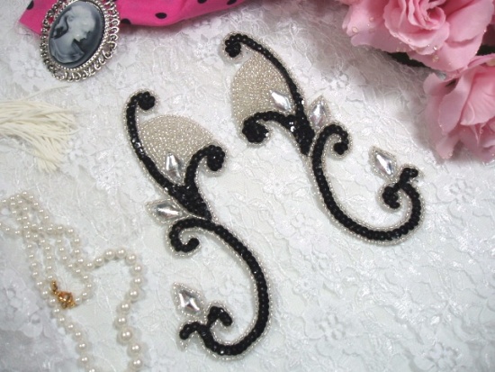 Black Jeweled Mirror Pair  6" Sequin Beaded Appliques  0034